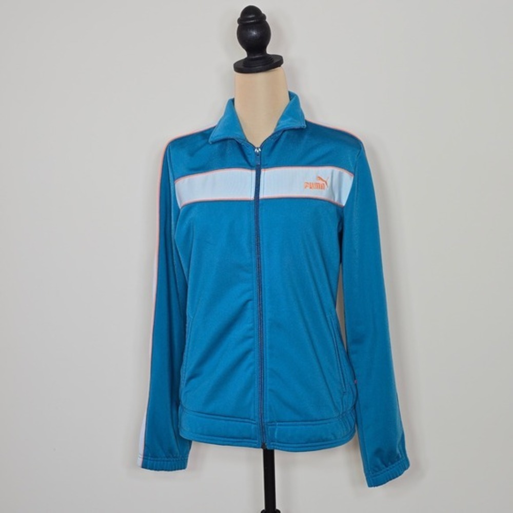 Puma Track Jacket Blue Teal Orange‎ Stripe Zip Up Athletic Womens Size L